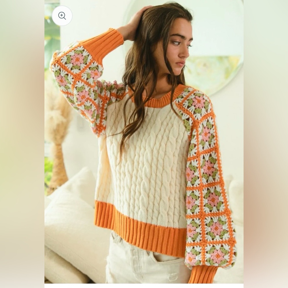 BiBi Floral Patchwork Cable Knit Sweater - Orange and Cream